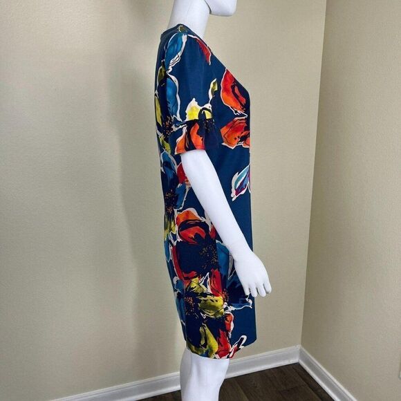 Trina Turk Mini Colorful Dress Short Sleeve Floral Stretch Crepe Shift Size XS - Picture 6 of 12